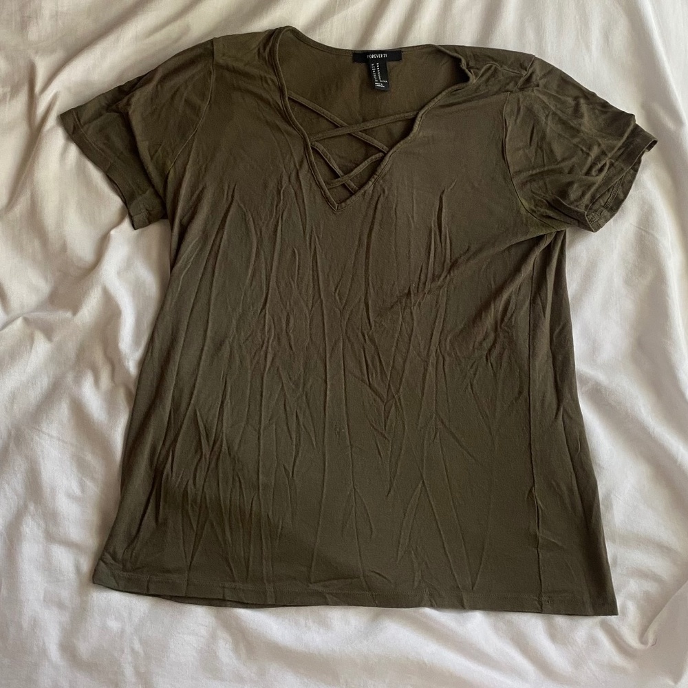 comfy t shirt with criss cross v neck